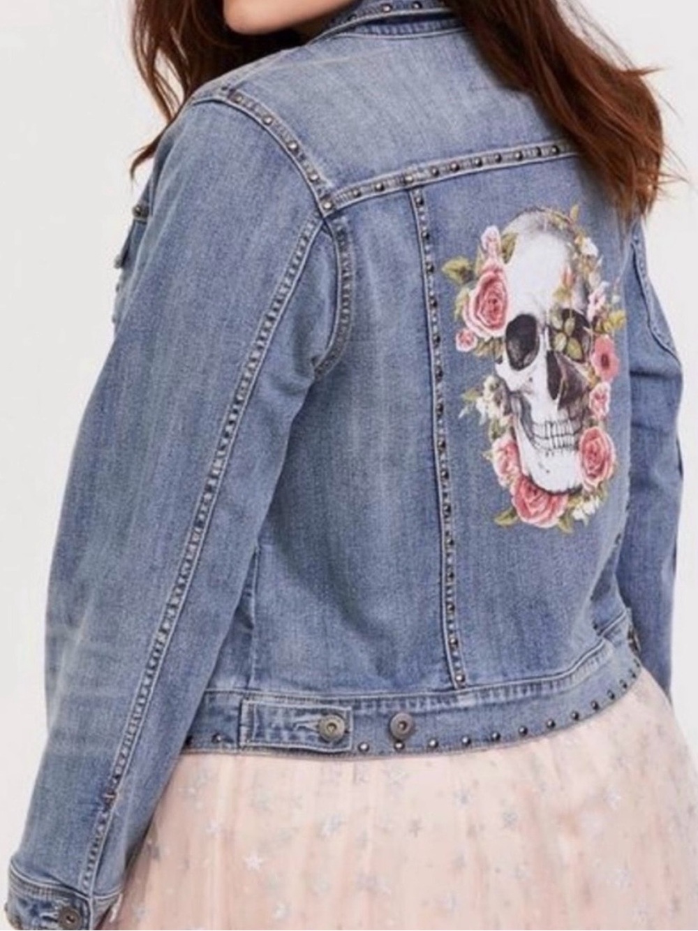 torrid Light Blue Denim Jacket with Floral Skull Patch
